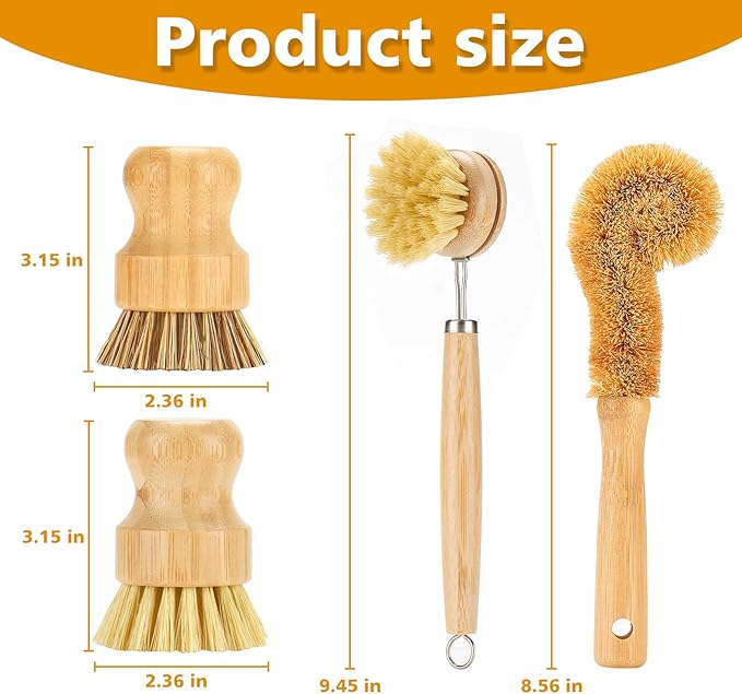 Bamboo Dish Brushes Sets 4 Tools in One Kitchen Clean Dish Scrubber - Image 2