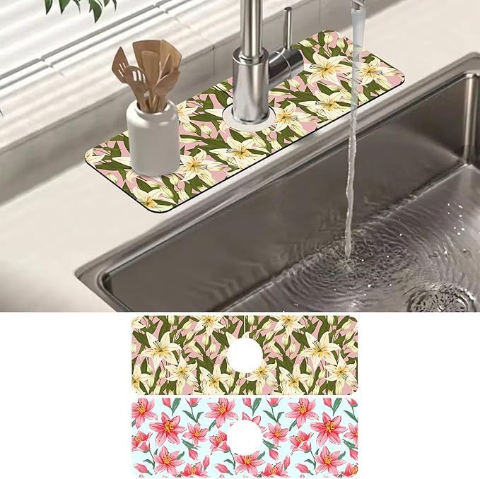 2 Pack Vintage Flowers Leaves Sink Faucet Absorbing Mat Colorful Llilies Super by Unknown