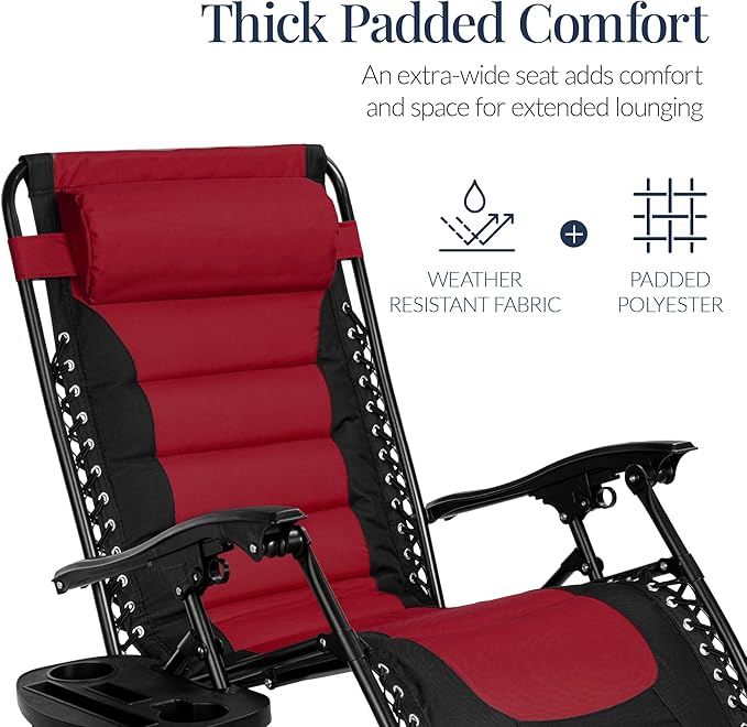 Best Choice Products Oversized Padded Zero Gravity Chair, Folding Outdoor Patio Recliner, XL Anti Gravity Lounger for Backyard w/Headrest, Cup Holder, Side Tray, Polyester Mesh - Burgundy - Image 6