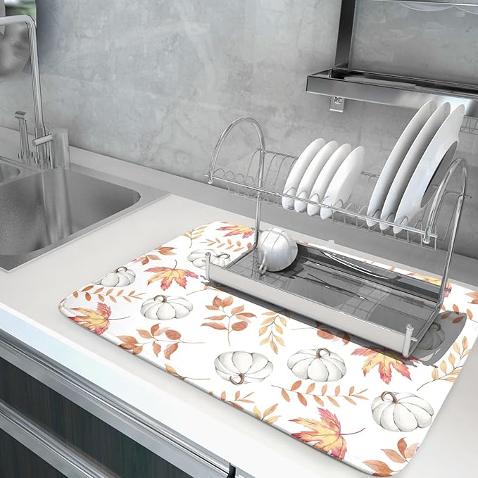Fall Dish Drying Mat for Kitchen Counter Autumn White Pumpkins Maple Leaves - Image 5