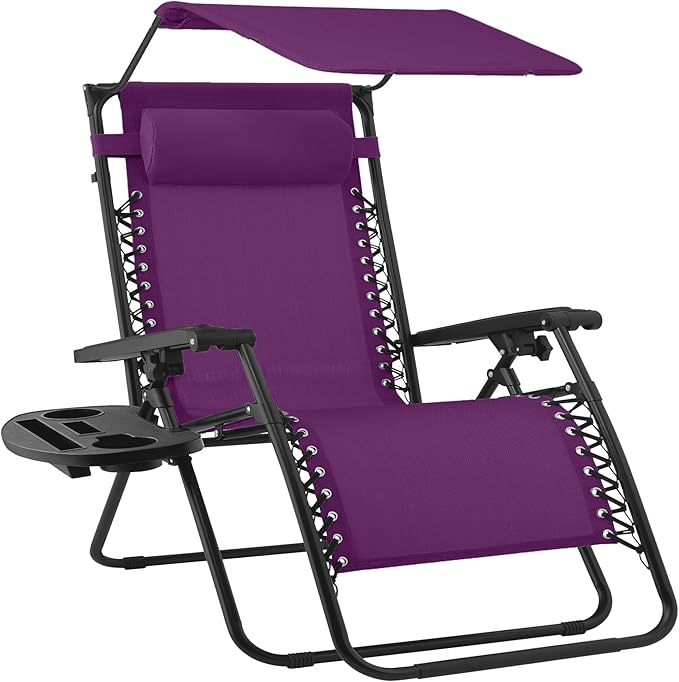 Best Choice Products 30” Wide Folding Zero Gravity Outdoor Recliner Patio Lounge Chair w/Adjustable Canopy Shade, Headrest, Side Accessory Tray - Amethyst Purple by BestChoiceProducts