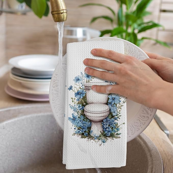 Blue Floral Hand Towels for Bathroom Set of 2, Flower Botanical Dish Tea - Image 4