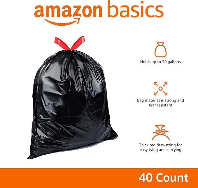 Amazon Basics Lawn & Leaf Drawstring Trash Bags, 39 Gallon - Image 2
