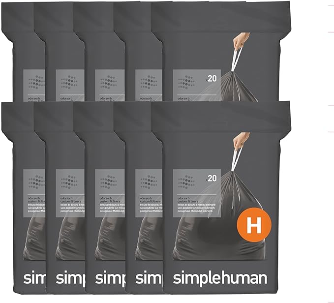 simplehuman Code H 200 Count, Genuine Odorsorb Custom Fit Liners, Drawstring by Simplehuman