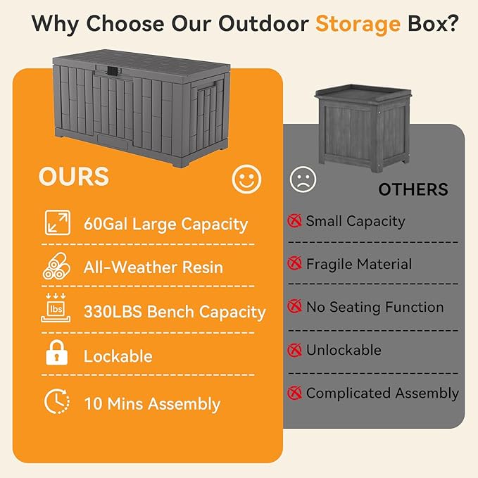 NEWBULIG 60 Gallon Deck Box, Waterproof Outdoor Storage Box with Lockable Lid, Patio Furniture Bench & Side Table, Outside Storage Container, Tool-Free Assembly, for Garden, Pool, Grey - Image 6