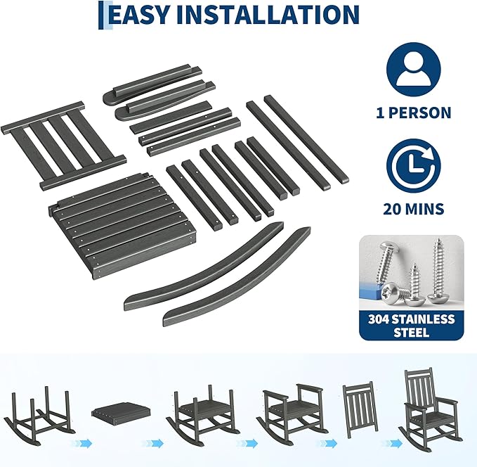 HDPE Rocking Chair Outdoor Set of 4 with 2 Side Table - Poly High Back Porch Rocker Chairs for Adults - All Weather Resistant Furniture for Patio Front Porch - Gray - Image 5