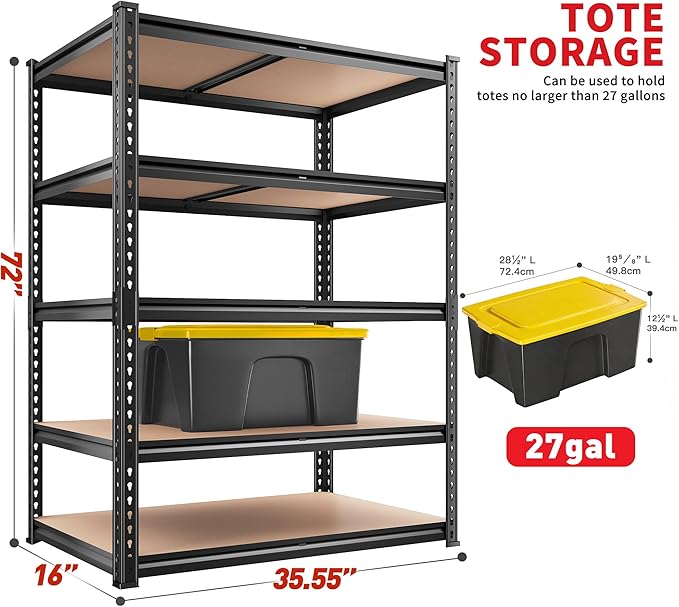 REIBII 2400LBS Storage Shelves 5 Tier Garage Shelving Heavy Duty, Adjustable Metal Shelving, Garage Shelves for Basement, Warehouse, Pantry, Closet, Kitchen 72" H x 35.55" W x 16" D, Black, 4 Pack - Image 3