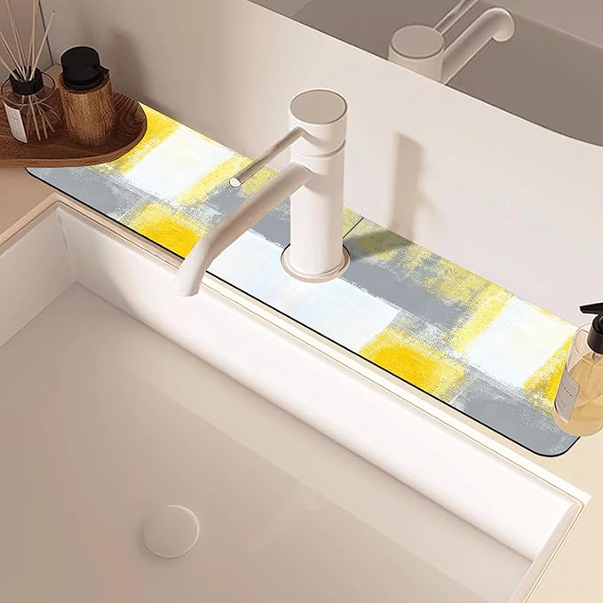 Grey and Yellow Abstract Kitchen Sink Splash Guard Mat Absorbent Fast Drying - Image 2