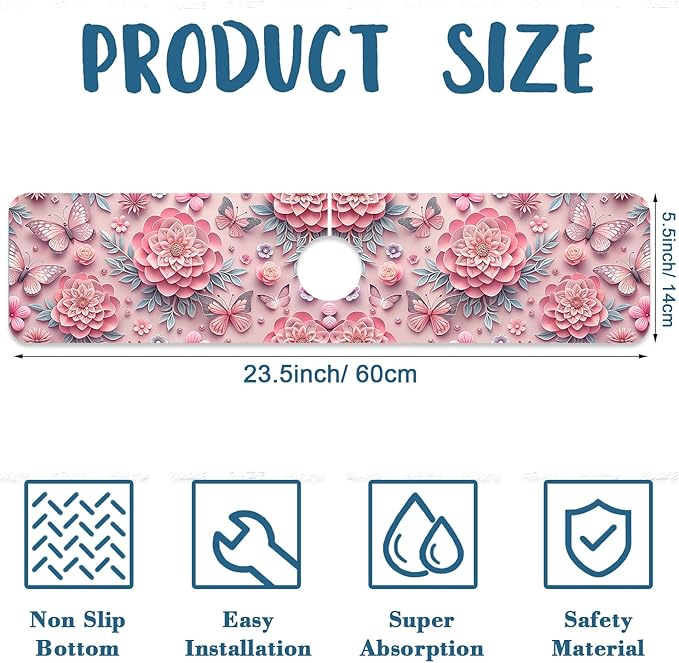 Pink Floral Sink Splash Guard Faucet Mat Flower Butterfly Super Absorbent Fast - Image 2