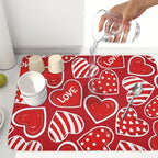 Valentines Day Dish Drying Mat for Kitchen Counter Red Polka Dot Stripe Love - Image 6