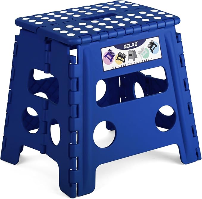 Delxo Folding Step Stool, 13 inch Non-Slip Foldable Stools for Kids & Adults Up to 300 LBS, Step Stool with Handle, Lightweight for Kitchen, Bathroom, Bedroom, Garden, Blue, 1PC by Delxo