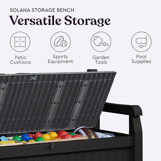 Keter Solana 70 Gallon Storage Bench Deck Box for Patio Storage, Front Porch Decor and Outdoor Seating – Perfect to Store Garden Tools and Pool Floats, Graphite - Image 6