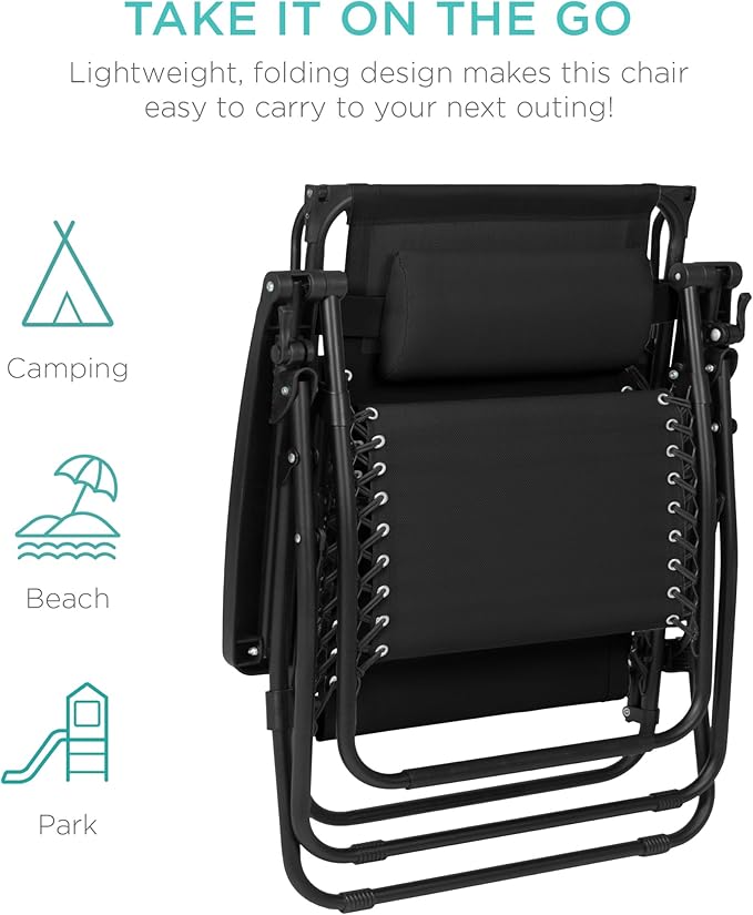 Best Choice Products 30” Wide Folding Zero Gravity Outdoor Recliner Patio Lounge Chair w/Adjustable Canopy Shade, Headrest, Side Accessory Tray - Black - Image 9