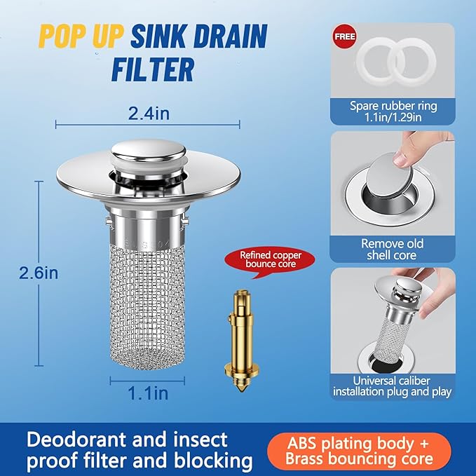 2024 New Pop Up Bathroom Sink Drain Strainer Hair Catcher, Sink Drain Stopper - Image 4