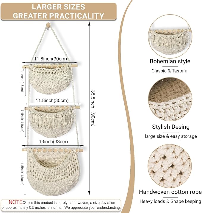 3 Tier Hanging Fruit Baskets for Kitchen, Boho Cotton Rope Handwoven Vegetable - Image 2