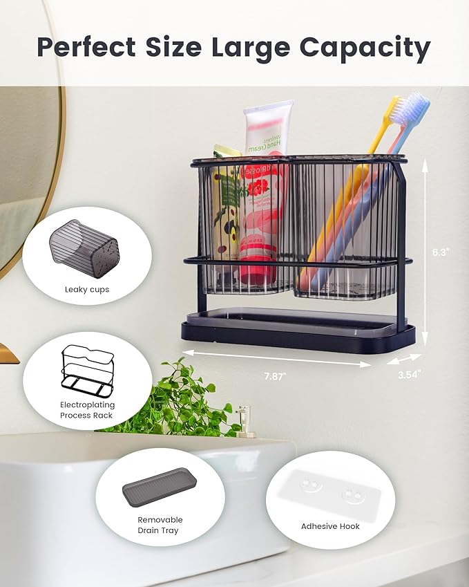 KONE Black Toothbrush Holders for Bathrooms, 2 Cups Toothbrush Holders Wall - Image 2
