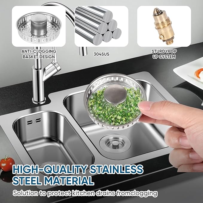 Upgraded 3 in 1 Kitchen Sink Drain Strainer & Sink Stopper, 304 Stainless Steel - Image 3