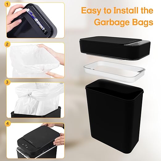 Black Bathroom Trash Can 2.6 Gallon Motion Sensor Trash Cans Automatic - Image 7