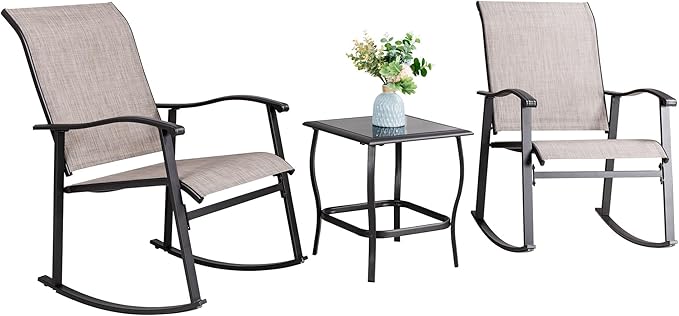 Vongrasig 3 Piece Outdoor Rocking Bistro Set, Textilene Fabric Small Patio Furniture Set, Front Porch Rocker Chairs Conversation Set with Glass Table for Lawn, Garden, Balcony, Poolside (Taupe) by Vongrasig