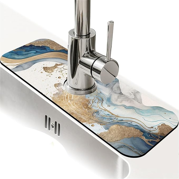 Kitchen Sink Splash Guard，Natural blue and gold marble Faucet Mat Sink by ZHUZHISHAN