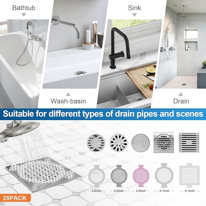 INVIHUG, 25 Pack, Disposable Shower Drain Hair Catcher Mesh Stickers, - Image 7