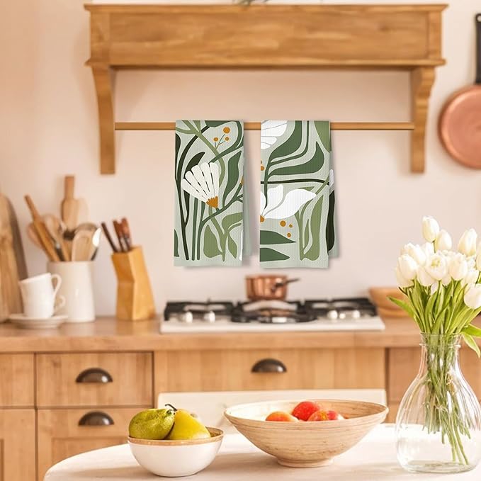 Abstract Boho Sage Green Floral Kitchen Towels Set of 2, 70s Retro Groovy Boho - Image 2