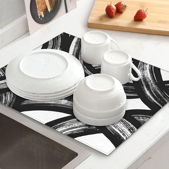 Black and White Abstract Curved Dish Drying Mats, Absorbent Microfiber Modern - Image 3