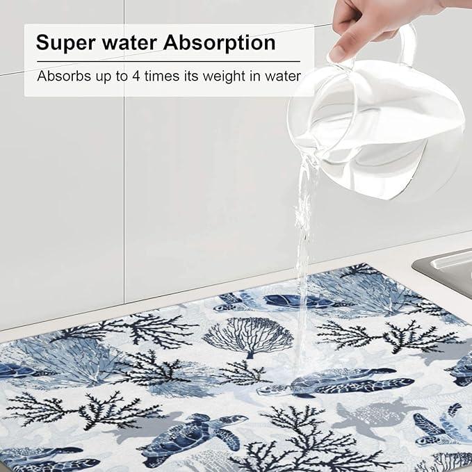 Navy Blue White Sea Turtle & Coral Dish Drying Mats - Image 5