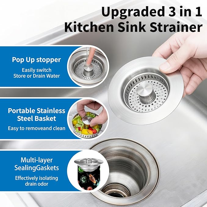 3-in-1 Kitchen Sink Drain Strainer : Pop Up Sink Stopper, 304 Stainless Steel - Image 3