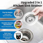 3-in-1 Kitchen Sink Drain Strainer : Pop Up Sink Stopper, 304 Stainless Steel - Image 3