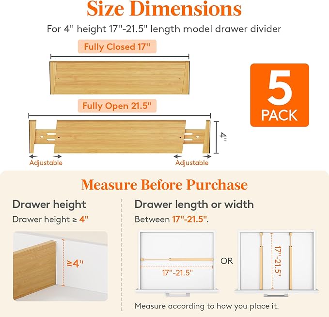 Lifewit 4" High 5 Pack Bamboo Drawer Dividers 43-54cm/17-21.5" Adjustable - Image 2