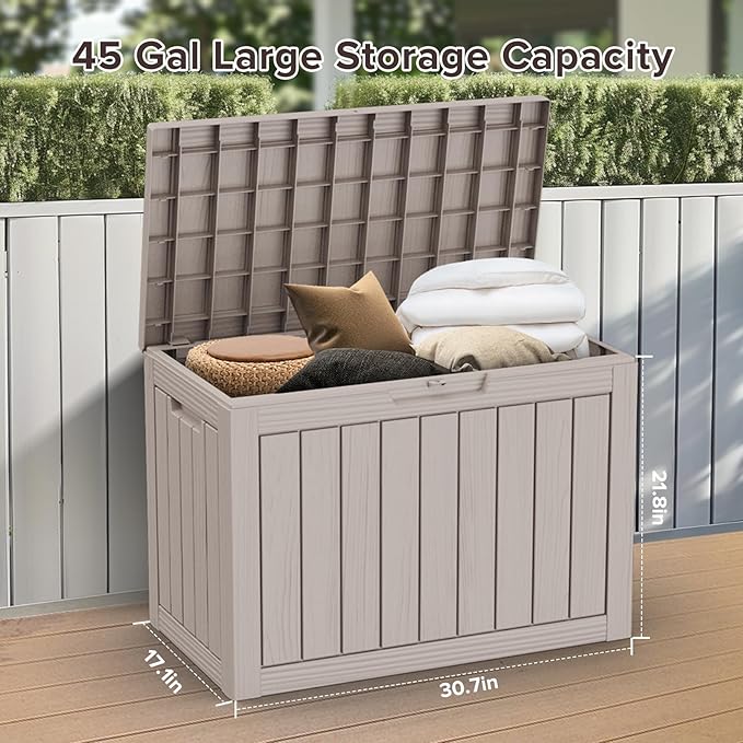 ROJIK Outdoor Storage Housing Deck Box - Waterproof Patio Furniture, Garden Tools, Cushions, Pool Accessories Storage Bench with Lockable Lid and Side Handles (Grey, 45 Gal) - Image 4