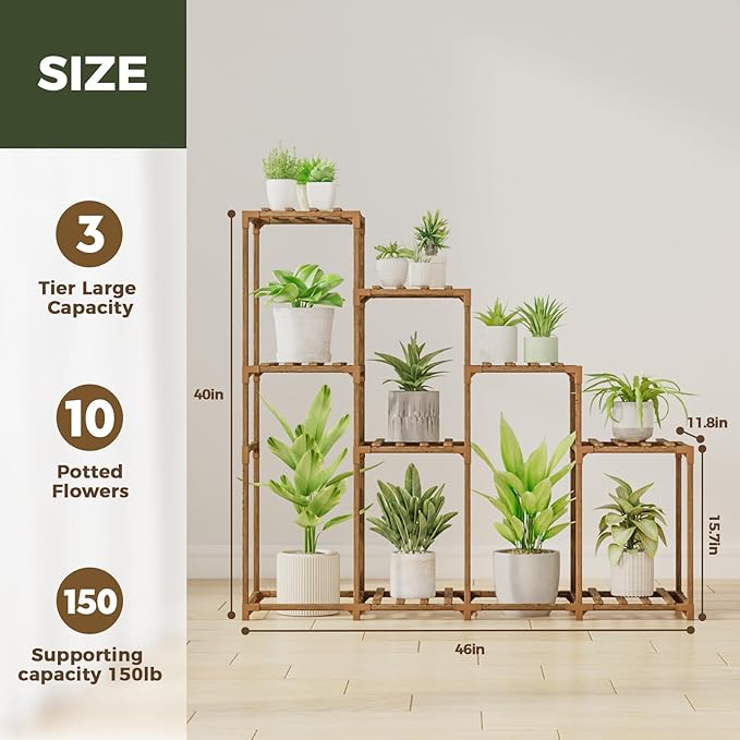 Bamworld Tall Plant Stand Indoor Wood Plant Shelf Outdoor Tiered Plant Rack for Multiple Plants 4 Tiers 10 Pots Ladder Plant Holder Plant Table for Plant Pots Boho Home Decor for Gardening Gifts - Image 6