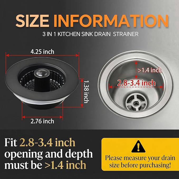 Kitchen Sink Stopper, 3 in 1 Pop Up Kitchen Sink Drain Strainer, - Image 8