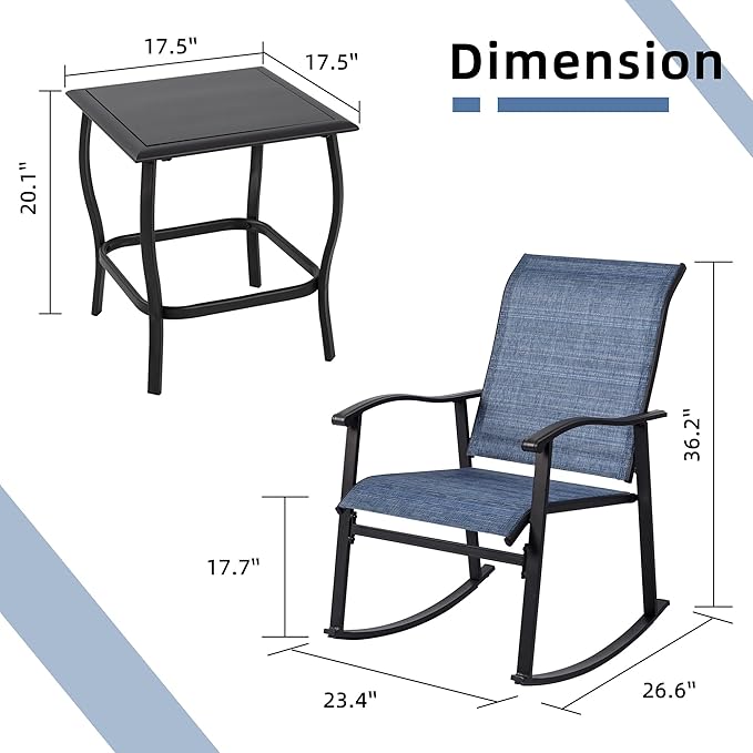 Vongrasig 3 Piece Outdoor Rocking Bistro Set, Textilene Fabric Small Patio Furniture Set, Front Porch Rocker Chairs Conversation Set with Glass Table for Lawn, Garden, Balcony, Poolside (Denim Blue) - Image 6