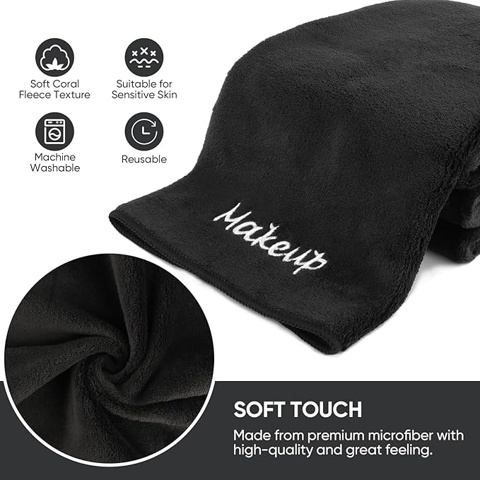 Makeup Remover Cloth, 24 Pack Black Facial Wash Cloths, Soft Coral Fleece - Image 3