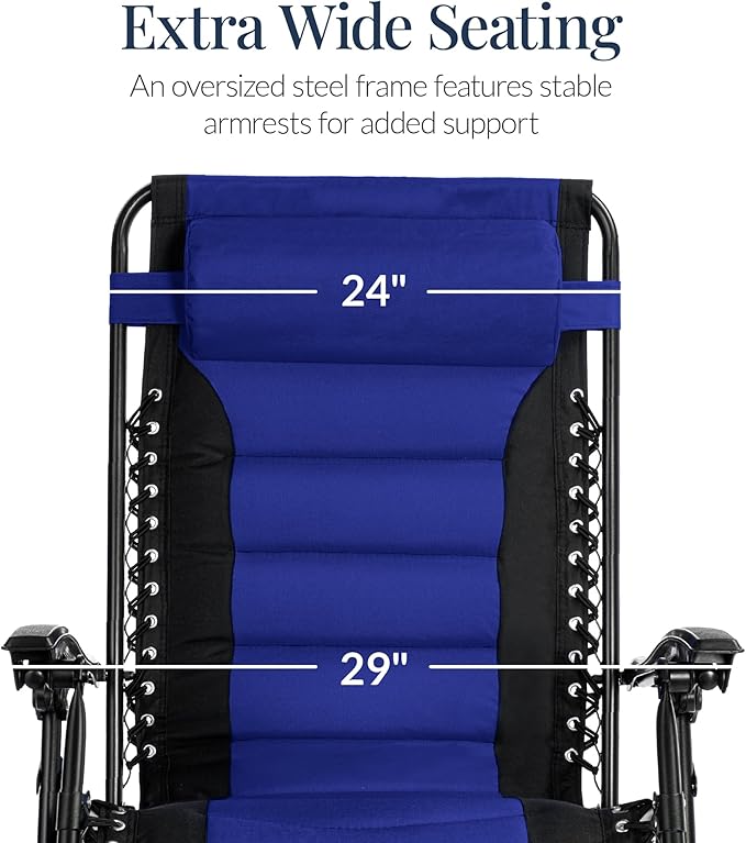 Best Choice Products Oversized Padded Zero Gravity Chair, Folding Outdoor Patio Recliner, XL Anti Gravity Lounger for Backyard w/Headrest, Cup Holder, Side Tray, Polyester Mesh - Blue - Image 4