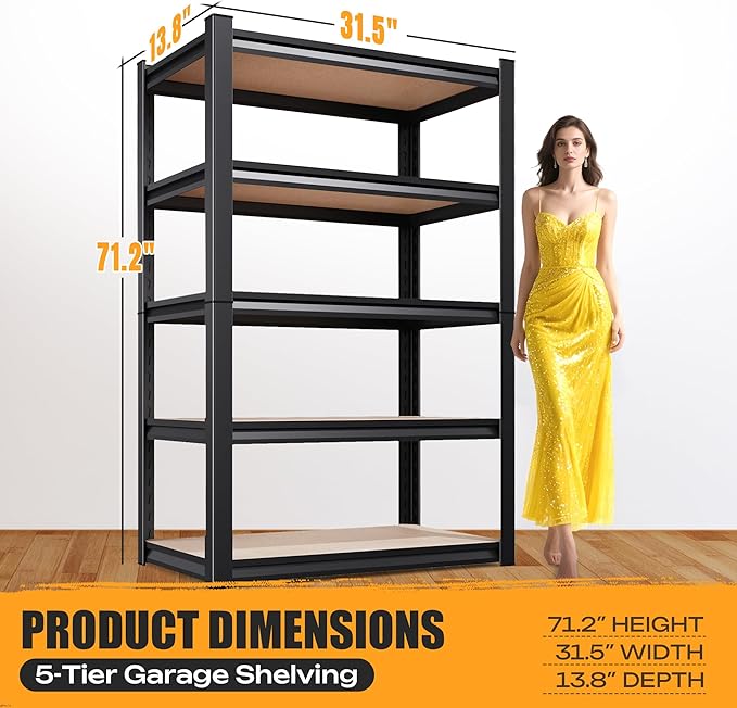 Set of 2 Garage Shelving Heavy Duty Storage Shelves, Metal Adjustable Shelving Unit, Utility Garage Organizer Shelf for Basement, Pantry, Kitchen, Warehouse, 13.8''Dx31.5''Wx71.2''H, Black - Image 3