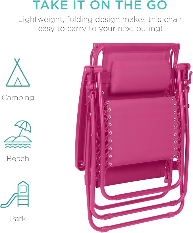 Best Choice Products Folding Zero Gravity Outdoor Recliner Patio Lounge Chair w/Adjustable Canopy Shade, Headrest, Side Accessory Tray, Textilene Mesh - Hot Pink - Image 7