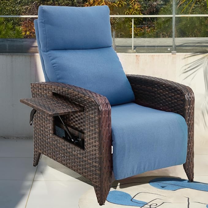 Outdoor Recliner Chairs Set of 2 Reclining Patio Chairs with Adjustable Back and Extended Footrest Wicker Rattan Recliner Chairs with Flip Table and Removable Cushion by zzw