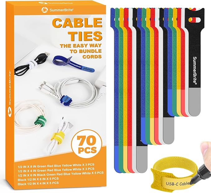 70 Pack Assorted Cable Ties Multi-Color by Summerbrite