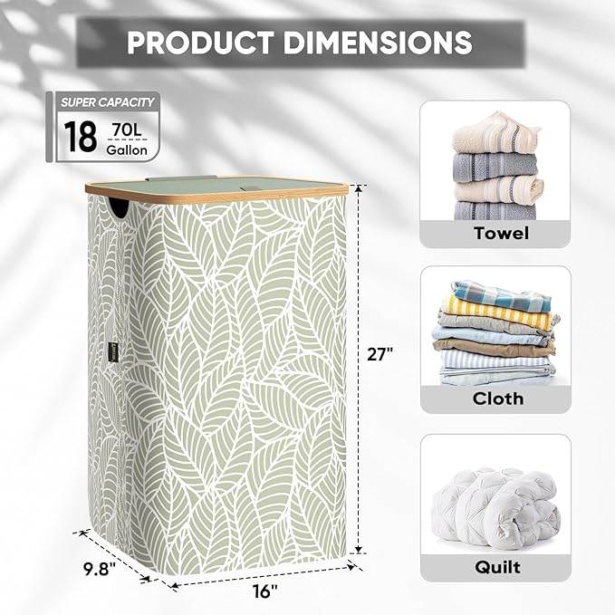BALEINE Laundry Hamper with Lid, Tall Laundry Baskets with Bamboo Pull Handles - Image 4