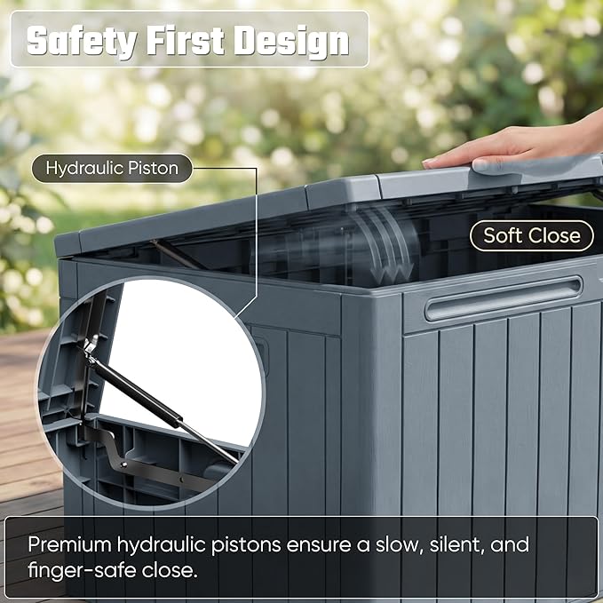 Greesum 110 Gallon Outdoor Storage Box with Lockable Lid, All-Weather Solution for Patio Furniture, Pool Supplies & Garden Tools, Waterproof, UV-Resistant Large Deck Box, Gray - Image 4