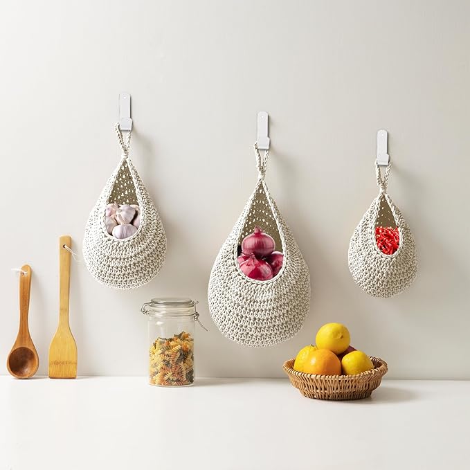 Hanging Fruit Large Basket Set of 3, Boho Wall Hanging Storage Basket - Image 5