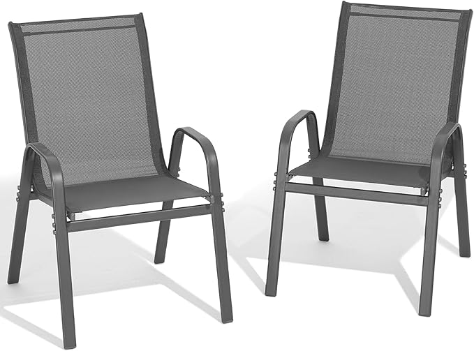 Patio Chairs Set of 2, All Weather Breathable Stackable Outdoor Dining Chairs with High Back and Wide Seat, Easily Set Up Outdoor Chairs Set of 2 with Metal Frame for Backyard Garden Pool, Grey by Dovov