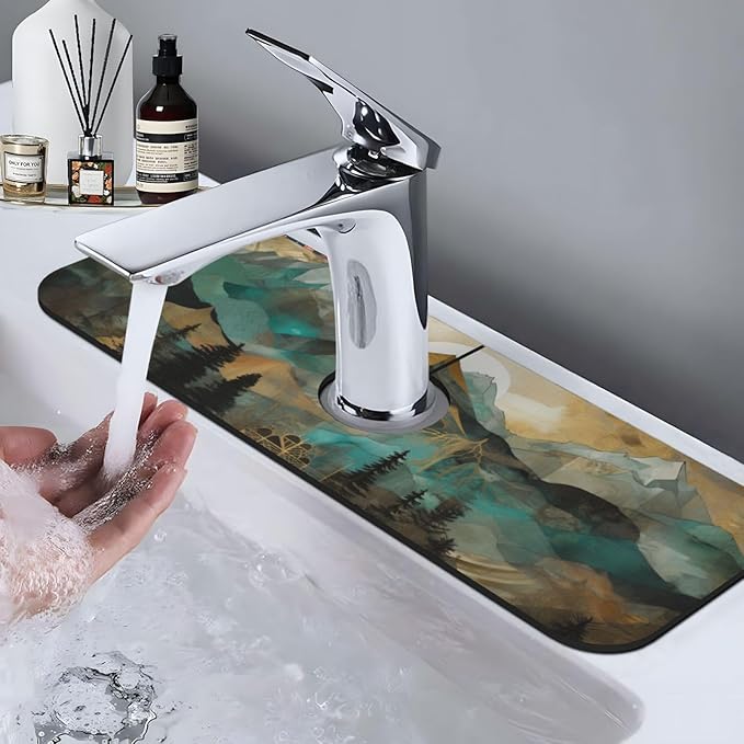 Kitchen Sink Splash Guard Faucet Mat Mountains Trees Landscape Sunrise 15"x5.5" - Image 9
