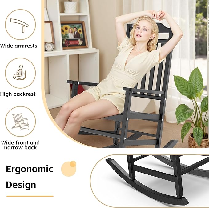 Patio Rocking Chair Outdoor Set of 2,Weather Resistant Poly Resin Oversized Porch Rocker,High Back Smooth Design,350lb Weight Capacity,Indoor Outdoor Use(2, Black) - Image 7