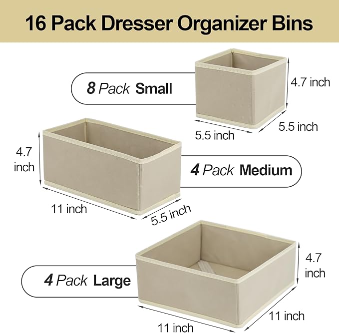 16 Pack Drawer Organizer Clothes, Foldable Fabric Dresser Organizer Closet - Image 2