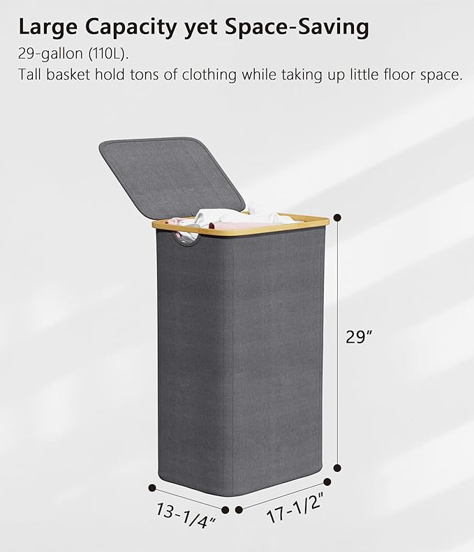 SUOCO Laundry Hamper with Lid, 29 Gal Clothes Basket with Bamboo Handles - Image 5