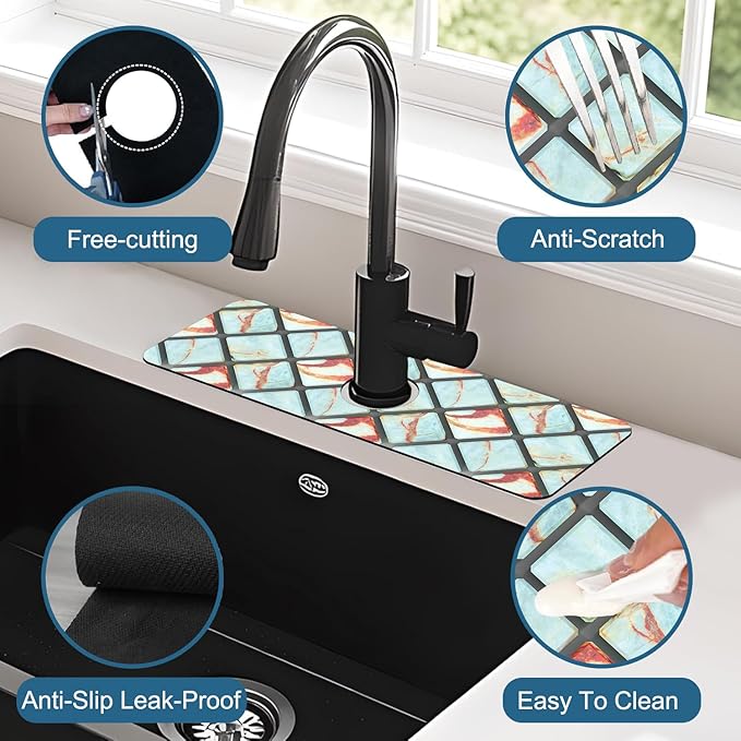 Rendering Marble Sink Splash Guard Faucet Mat Blue Wall Tiles Super Absorbent - Image 4